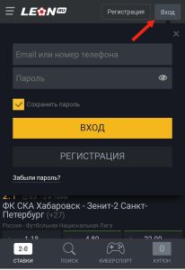 Архивный экран входа в мобильную версию Leon: email или телефон, пароль и сохранение пароля