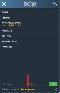 Кнопки регистрации на мобильном сайте Балтбет