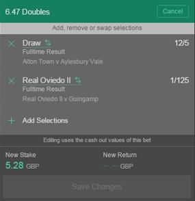 Прежний интерфейс Edit Bet Bet365: два исхода, Add Selections и New Stake 5,28 GBP