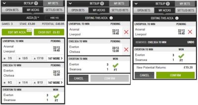 Прежний интерфейс Edit My Acca: удаление исхода из экспресса и подтверждение новой выплаты