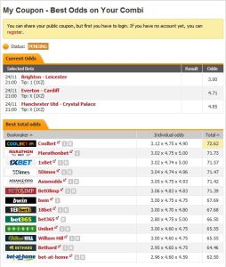 Сравнение итоговых коэффициентов одного экспресса в купоне Oddsportal